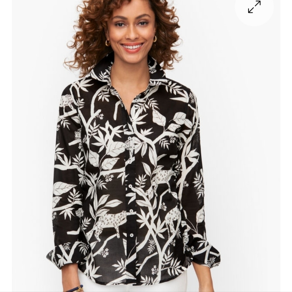 Talbots (Women's MP) Long sleeve Button down Semi-sheer "Tropical Panther" Top